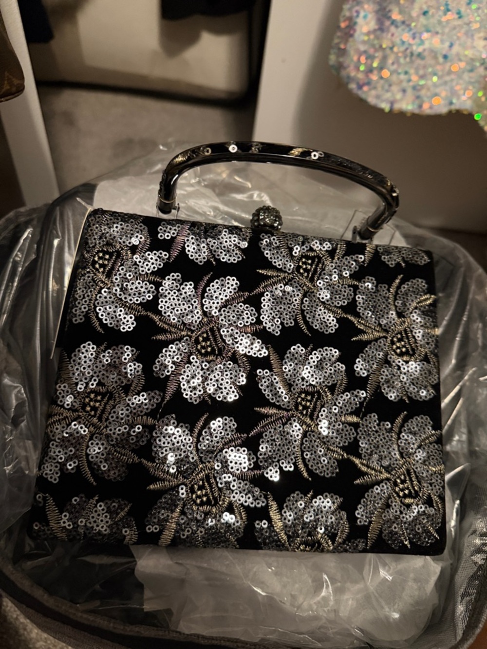 Black Sequin Floral Top-Handle Evening Clutch